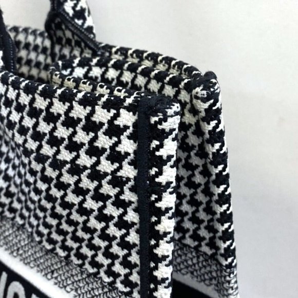 Authv CHRISTIAN DIOR Book Tote Hand Bag Houndstooth Canvas Leather Black - Picture 3 of 16